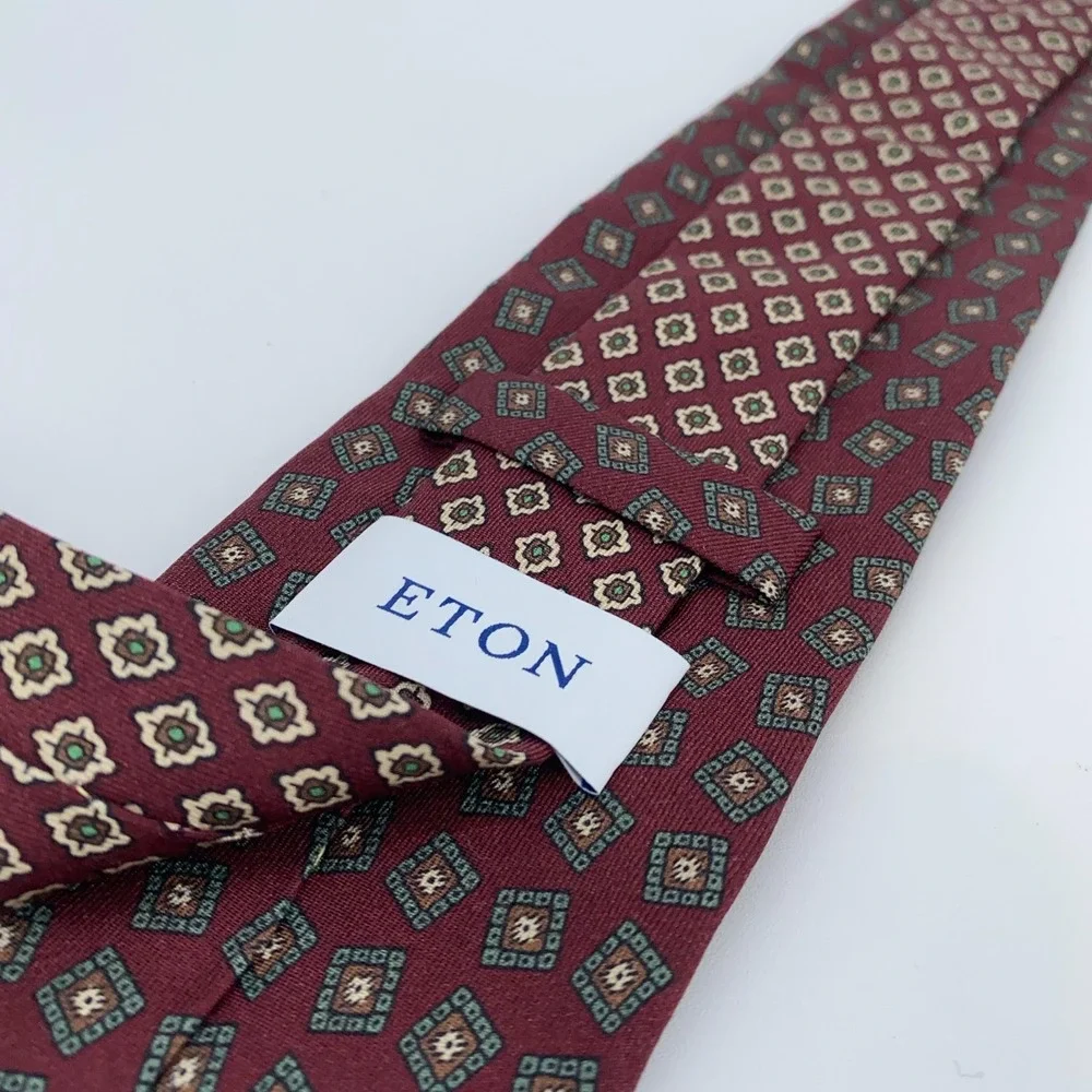Eton Tie Mens‎ One Size Burgundy Patterned Silk Classic Fit Necktie Italy Made
